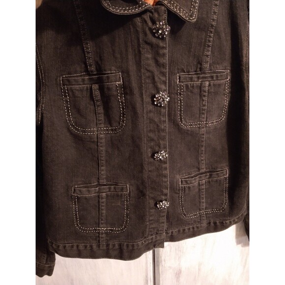 Chico's denim rhinestone flowered Jacket Sz 1 Black classic Boho Feminine - Picture 4 of 7